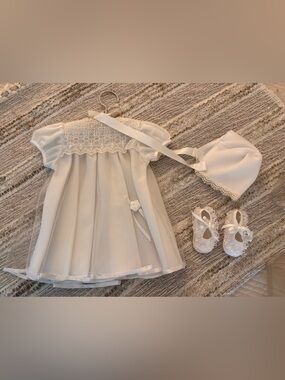 White Lace-Trim Baby Baptism Dress with Bonnet and Shoes